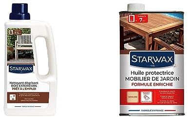 STARWAX Nettoyant Dégrisant pour Bois Extérieurs - 1L - Nettoyer et Supprimer l'Aspect Terne et Gris - Elimine les Poussières et Salissures Incrustées & Huile Protectrice Teck