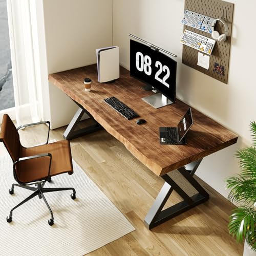 QZYJKJ 55inch Solid Wood Desk Wide Home Office Desk,Metal Modern Industrial Writing Table, Workstation, Perfect Table for Your workspace Study Table Furniture in Rustic Natural Aged Brown