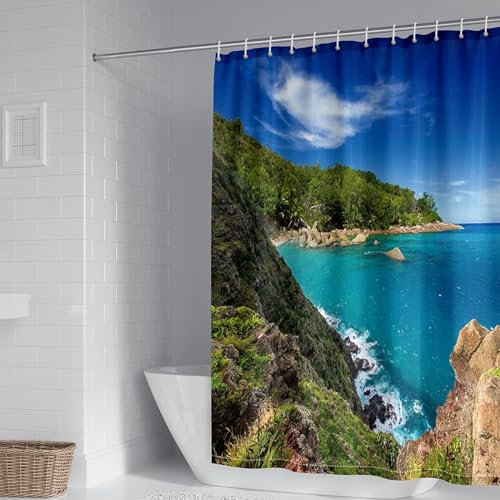 Homxi Ösen Duschvorhang,180 W x 180 H cm,Bad Vorhänge Blau Grün Landschaft am Meer Polyester Duschvorhangringe Plastik