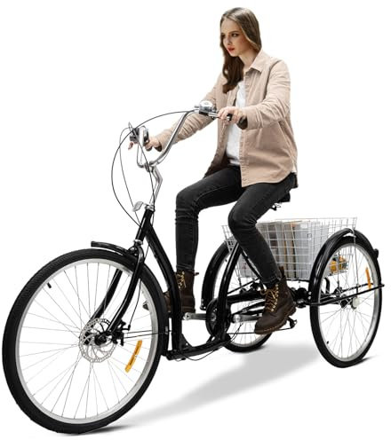 26 Zoll Dreirad 3 Rad Fahrrad Dreirad mit Korb 6 Gang-Fahrrad,Last 120kg, Dreirad Fahrräder Einstellbare Fahrzeughöhe für Erwachsene Senioren Boys Mädchen (schwarz)