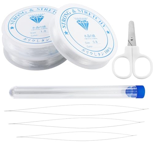 3 Rollen Transparentes Elastisches Band für Armbänder, Kristallklare Dehnbare Perlen-Schnüre, Perlenband für Armbänder, inklusive Schere und Perlennadel, für die Herstellung von Perlenarmbändern