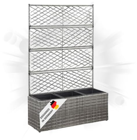 DELUKE Rankkasten Pflanzgefäß ELOT aus Rattan Grau | 3 Töpfe | 83x30x130cm | Hochbeet mit Rankgitter Pflanzkasten Balkon Terrasse Blumenkasten Pflanzkübel mit Rankhilfe