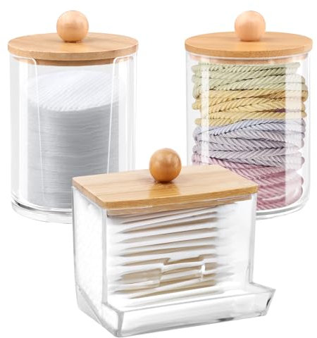 LOBVABA 3 Stück Acryl Wattestäbchen Behälter，Make-up-Organizer-Set,Acryl Wattestäbchen Behälter，Wattepadspender zur Aufbewahrung im Schlafzimmer, Bad und Wohnzimmer