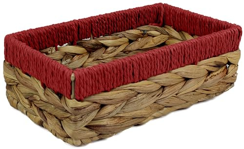 Rectangular Water Hyacinth Small Baskets for Storage, Natural and Red Wicker Basket Shelves, Open Decorative Gift Box, Mini Tray for Bathroom, Kitchen Organizer (1, 24cm)