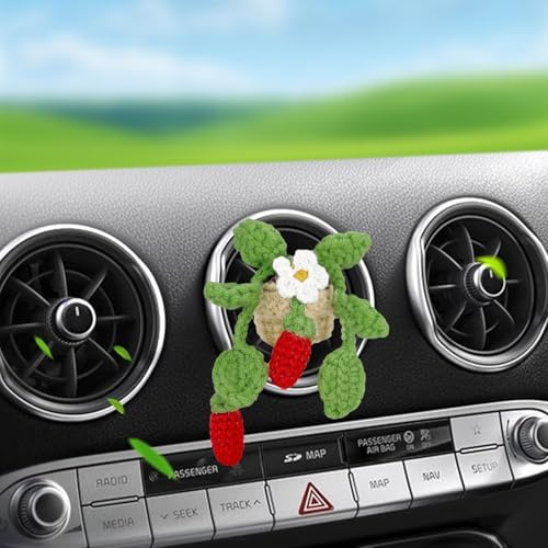 Car Air Intake Decoration, Botanical Crochet Handmade Cute Mini Hanging Basket Vent Clip, Car Accessory Gift Home Decor with Horizontal Clip (Strawber+Flower)
