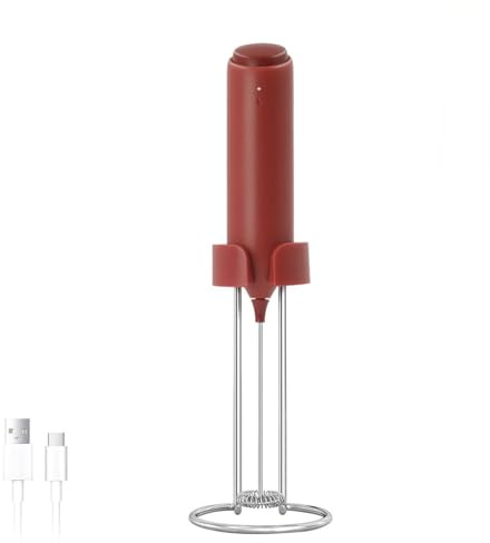 ELMWAY Rechargeable Milk Frother – Handheld Electric Whisk for Coffee, Latte & Matcha, Ergonomic Grip with Charging Stand or Wall Mount Holder – Red