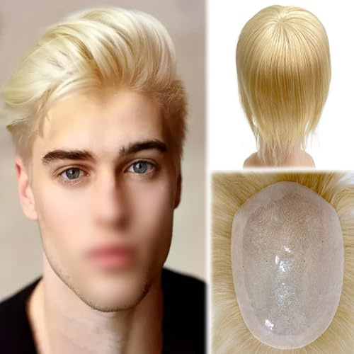 Blondes Toupet aus Echthaar, 7 Zoll langes, glattes Haarteil, Ersatzhaareinheit, natürlicher Haaransatz, volle PU-Basis(#613,14 * 19cm)