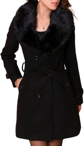 Juankrynord Damen Eleganter Zweireiher Mittellanger Erbsenmantel Winter Langer Mantel Kunstpelzkragen Langarm mit Gürtel Winter Trenchcoat