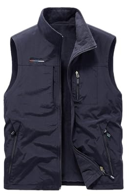 Vivikivi Fleece-väst för män för män vattentät varm ärmlös jacka med fickor vändbar kroppsvärmare för fiske fotografi utomhussport, marinblå, 4XL