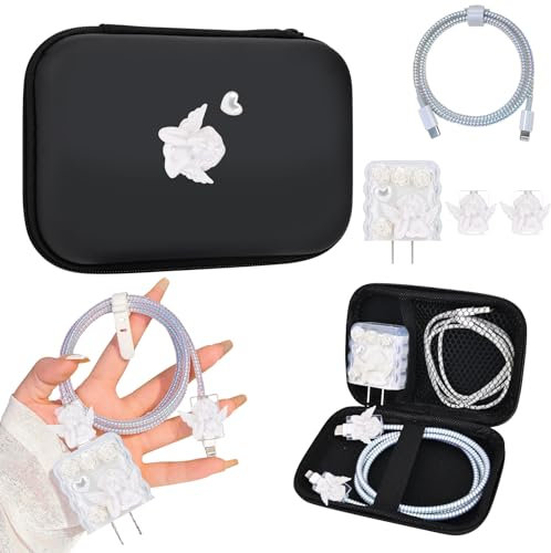 DiyGody Estuche Organizador con Kits de Protección Cable Cargador Compatible con iPhone, Protector Cargador con Diseño de Ángel 3D, Organizador Impermeable de Cargador USB Cables Auriculares, Negro