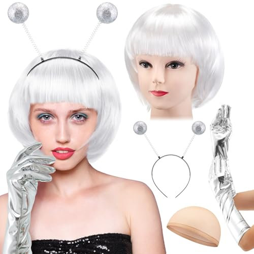 Zomiboo Set di Costumi da Aliena per Donna Fascia Aliena Glitter Metallici Parrucca di Bob Guanti Costume Spaziale di Carnevale Vestito da Rave Alieno Costumi DJ per Feste Cosplay Halloween (Bianco)