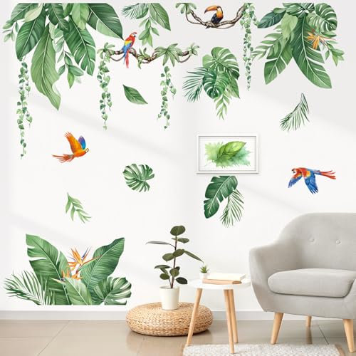 decalmile Tropical Jungle Leaves Wall Decals Palm Leaf Hanging Vines Green Plants Wall Stickers Living Room Bedroom Tv Background Wall Decor