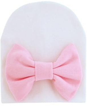 AMateschitz Neugeborenen Strickmütze mit Schleife Weiche Doppelte Babymütze Kindergarten Krankenhaus Beanie Mütze Baby Turban Mütze für 0-6 Monate Mädchen Jungen Weiß-Rosa Schleife 12.5 * 14CM
