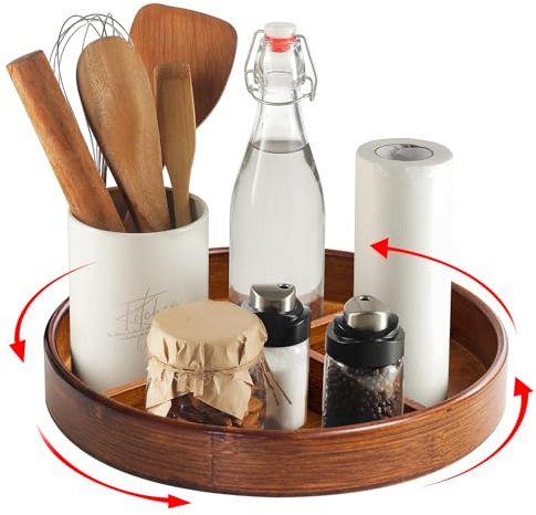 WANDGU Gewürzregal Drehbar: Lazy Susan Drehteller Organizer mit Verstellbarem Stauraum rutschfeste, 360 Bambus Gewürzregal Drehbar für Küche Schlafzimmer Wohnzimmer Frisiertisch(Holzfarbe, 30 cm)