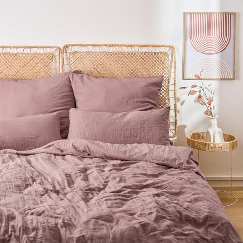 Blumtal Musselin Bettwäsche-Set 155x220 + 80x80 cm, Violett | OEKO-TEX zertifiziert, aus 100% Baumwolle, extra weich und bei 40 °C waschbar – leichte Sommerbettwäsche.