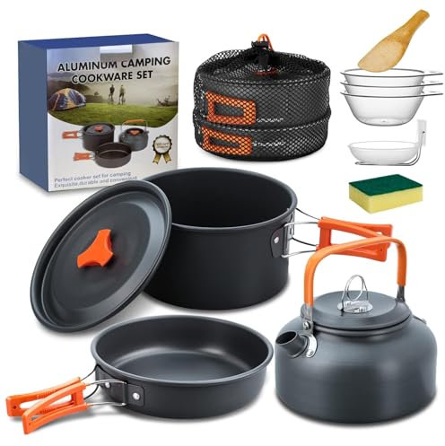 Camping Kochgeschirr Set, Outdoor Geschirr Set Kochtopf Set 10 Teilig, Outdoor Kochgeschirr Set für 2-4 Personen, Camping Bratpfanne und Teekannen für Outdoor Wandern Picknick BBQ