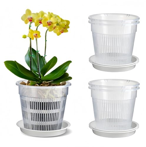 FS-PINGXIANG Clear Orchid Pot, 5 PCS 14cm Plastic Plant Pots with Drainage Hole and Tray, House Plant Pots Nursery Pots for Orchid Repotting Kit, Seed Seedling Pots for Root Growing