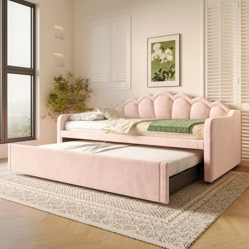 Lexiou Tagesbett mit ausziehbarem Bett, Schlafsofa, Einzelbett (Ohne Matratze), Doppelbett, Samt, Farbwechselbarer LED-Streifen, 90x200cm(180x200cm) (Rosa)