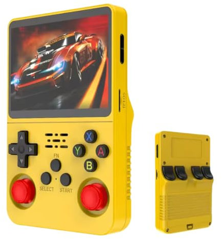 R36s - Consola de juegos de mano retro, pantalla IPS de 3.5 pulgadas, almacenamiento de 64 GB, batería de 3000 mAh, más de 17000 juegos, morado (amarillo)