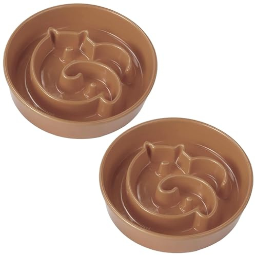 Slow Feeder Dogs Bowl Ceramic Set 2, Anti-Gulping Pet Slower Food Feeding Bowls, prevent obesity, bloating, and choking for Medium Dogs 2 cups Brown