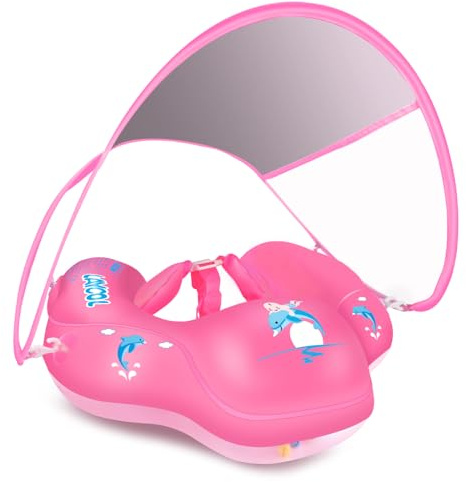 LAYCOL Simring baby med SPF 50+ solskydd och leksaker, justerbar säkerhetssäte, småbarn pool simring i 3–36 månader (rosa uppdatering, XL)