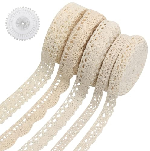 5 Rollen Vintage Spitzenband Beige 5 Yards, Spitzenborte Dekoband Set mit Glaskopfnadeln für Geschenkverpackung Scrapbooking Nähen Hochzeit DIY Handwerk Dekoration