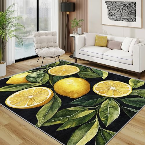 TerroVee Zitrone Teppich Waschbar, Grün Blatt Frucht Küche Teppich 80x150 cm, Vintage Botanisch rutschfest Waschbar Pflegeleicht Teppiche Für Schlafzimmer Küche, Gelb Grün