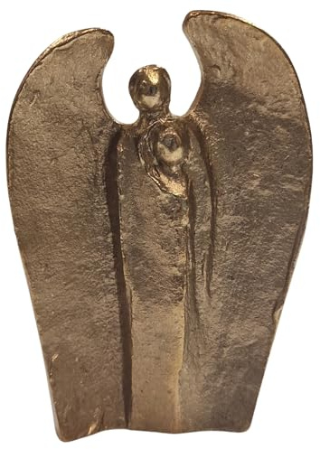 Herzmensch Schutzengel Figur Kleiner Engel aus massiver Goldener Bronze 6,5 x 9,5 cm Geschenk zur Taufe, Geburt, Weihnachten, als Grabschmuck oder Glücksbringer