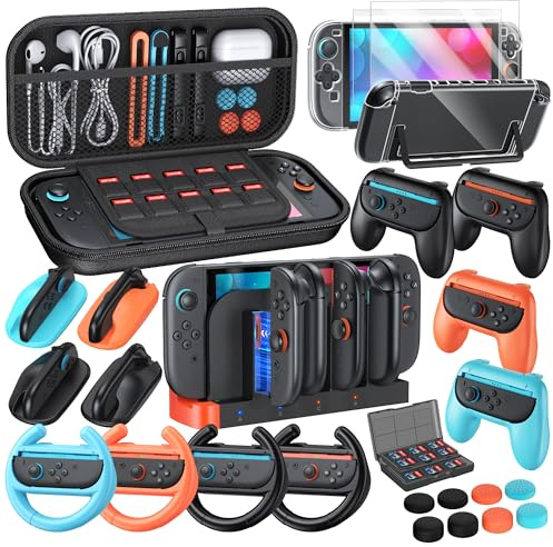 YUANHOT 32-IN-1 Family Accessories Bundle Set for Nintendo Switch 2 | Holiday Essentials Kit: Travel Carrying Case for Switch 2, Controller Charging Dock, Protective Case, 12 Grips for JoyCon2