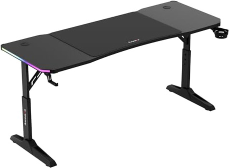 huzaro Hero 4.6 Gaming Tisch höhenverstellbar, Schreibtisch 160x60 cm | mit Carbon Oberfläche, Kabelmanagement, Getränkehalter & Kopfhörerhalter, PC Tisch Büro Home Office, RGB Schwarz