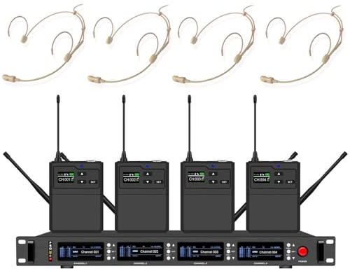 True Diversity UHF 4 Channels Wireless Headset Headworn Microphone System for Singing Condenser Headset Mic 4 X100 Channel, Long Range 490ft, Auto Scan, Frequency Adjustable and Locking, Beige