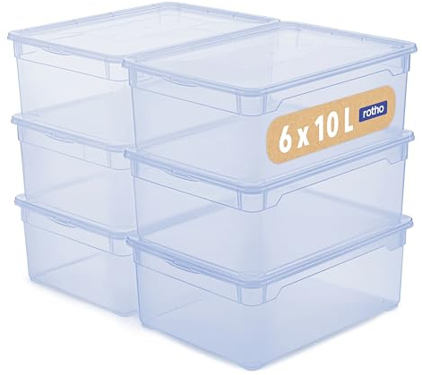 Rotho Clear Box - Caja Almacenamiento Transparente Apilable, Juego de 6 Cajas de 10 L con Tapa, 36 x 26 x 14 cm, Azul Transparente