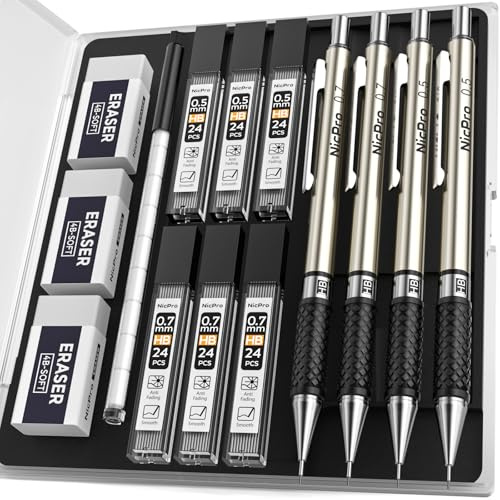 Nicpro 0,5 & 0,7 mm Druckbleistift Set, 4 Stück Metall Zeichenbleistifte, Bleistifte mit 6 HB Minenröhrchen, 3 Radiergummis, 9 Radiergummi-Ersatzminen für Künstler zum Schreiben, Zeichnen, Skizzieren | Metall-Bleistift + 6 Nachfüllminen, Radiergummi, bequemer Griff für Schule, Künstler, Zeichnen, Skizzieren