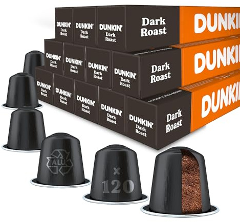 Dunkin' Donuts Dark Roast – 120 Capsules de Café | Compatibles avec Machines Nespresso | 100% Arabica | Torréfaction Sombre, Puissant & Intense | Espresso Classique à Déguster à la Maison