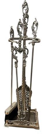 Florales Ofenbesteck Kaminbesteck 5 teilig Silber über massivem Messing Massiv Höhe: 80 cm Kaminzubehör Antik Stil Jugendstil Kamingarnitur Empire-Stil, Neu (Ausstellungsstück) MADE IN ITALY