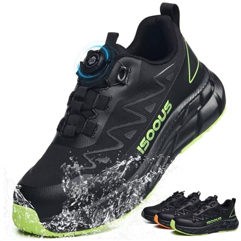 ISOOUS Chaussures de Sécurité Hommes Femmes S3S Imperméable Basket de Securite Légère ESD Chaussures de Travail Embout en Acier Noir Vert 40 EU