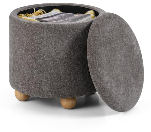 COSTWAY Round Storage Ottoman, 35L Chenille Upholstered Footstool Pouffe Footrest with Removable Lid & Rubber Wood Legs, 45cm Dressing Vanity Stool Makeup Seat for Living Room Bedroom (Grey)