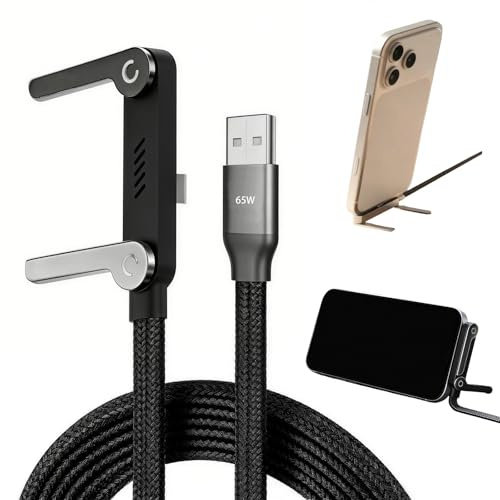 Kunoli Cable de carga USB-C con soporte invisible 2 en 1 (1 unidad) | Cable de carga rápida de 65 W, 1,5 m, para smartphones, tabletas, ordenadores portátiles y dispositivos de juegos