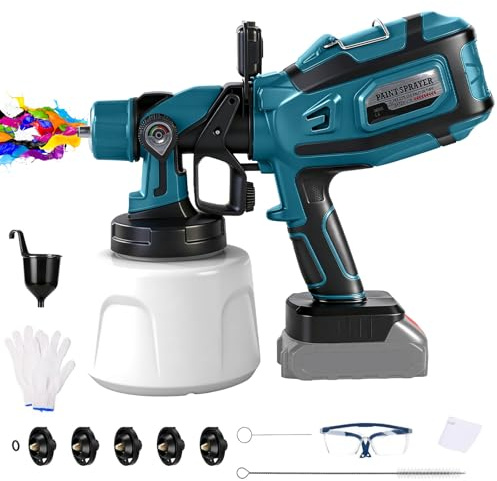 Trådlös färgspruta kompatibel med Makita 18 V batteri (inget batteri), 200 W elektrisk färgsprutpistol med 1,4 L kanna, 5 storlekar munstycken, 3 mönster, LED-ljus, rengöringsborste, handskar och