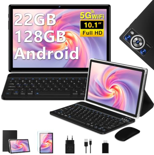 Tablette Android 14 Tablette 10 Pouces , 22GoRAM+128Go ROM (1To TF), Widevine L1|8000mAh| Octa-Core|2.0GHz| 5G WiFi| BT 5.0| 5+8MP| Soutenir Neflix, Tablette Tactile avec Clavier et Souris - Noir