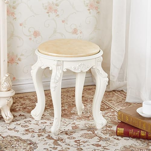 Sgabello da toeletta vintage, sedia da toilette rotonda, stile vittoriano, sedia per pianoforte imbottita, senza schienale, adatta per spogliatoio, soggiorno, camera da letto Gold leather silver trim