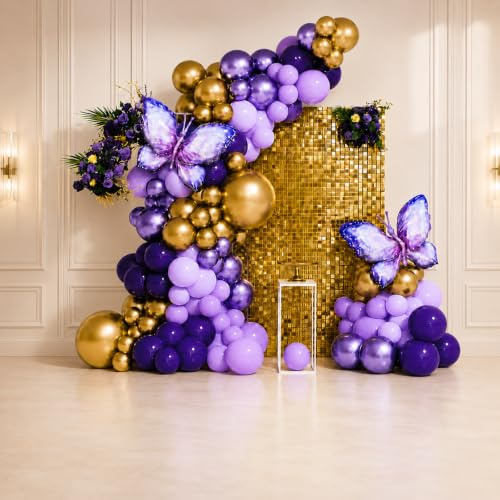 Purple And Gold Butterfly Balloon Arch Kit, 121-Piece Party Decorations | Mixed-Size Spheres, Garland Strip And Adhesive Dots, For Birthday, Wedding And Bridal Shower Backdrops