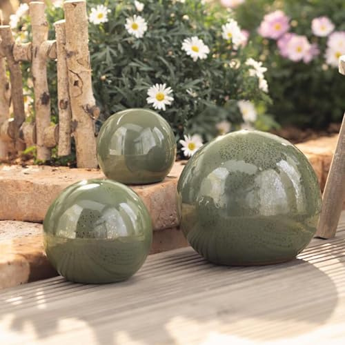 Dekoleidenschaft 3er Set Dekokugeln Oliv aus Terracotta, Ø 12 + 15 + 20 cm, Gartenkugeln, Rosenkugel, Gartendeko für Draußen