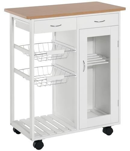 HOMCOM Carro de Cocina Carrito de Servir Multiusos Estantería Carrito Auxiliar con Ruedas para Baño Dormitorio con Estantes Cestas Cajones 70x37x85cm Madera