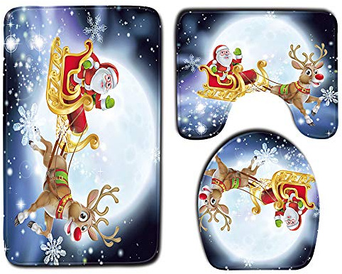 WElinks 3-teiliges Badezimmermatten-Set, Weihnachts-WC-Sitzbezug-Set, Weihnachtsaufkleber, Fußmatte, Badematte, Rutschfester Vorleger, WC-Abdeckung, Weihnachtsdekoration für Zuhause und Badezimmer