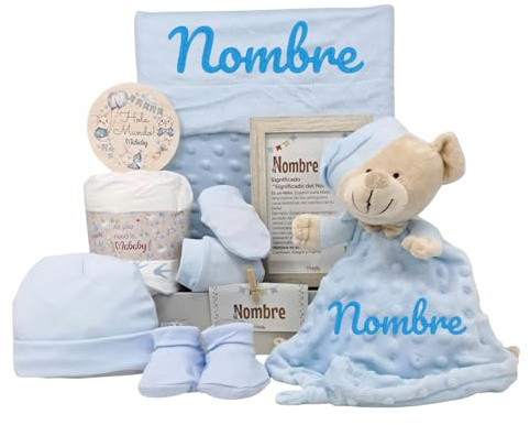 Mababyshop Velvet Canastilla Bebé Recién Nacido Niño Personalizada (Azul) | Manta Burbujas, Dou Dou de Apego, Primera Puesta, Regalo Baby Shower
