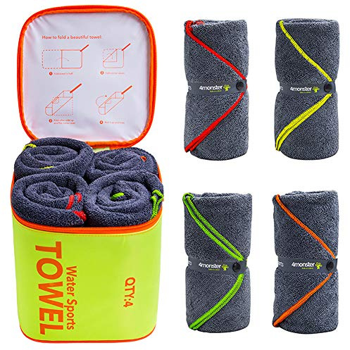 4Monster 4-Pack Quick Dry Microfiber Travel Towels – Super Absorbent, Ultra-Soft Camping Towel Set with Water-Resistant Bag, Lightweight & Compact for RV, Gym, Beach, Pool, Swimming, and Family Trips