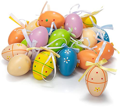 com-four® 24x handbemalte Ostereier zum Aufhängen 6 cm - Osterdeko mit schönen Mustern - Deko Ostereier in tollen Größen [Auswahl variiert] (Mix Punkte/Blüten - 01)