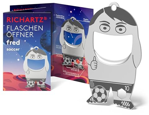 RICHARTZ FLASCHENÖFFNER fred soccer | Multitool Schlüsselanhänger | 10 praktische Funktionen | matt gestrahlter Edelstahl | Schlüsselanhänger Werkzeug inkl. Funktionsbeschreibung