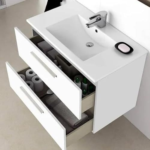 Bagno Italia Moderner Hängeschrank für Badezimmer, 80 cm, mit 2 Schubladen, Waschbecken und Spiegel, Weiß oder Beton